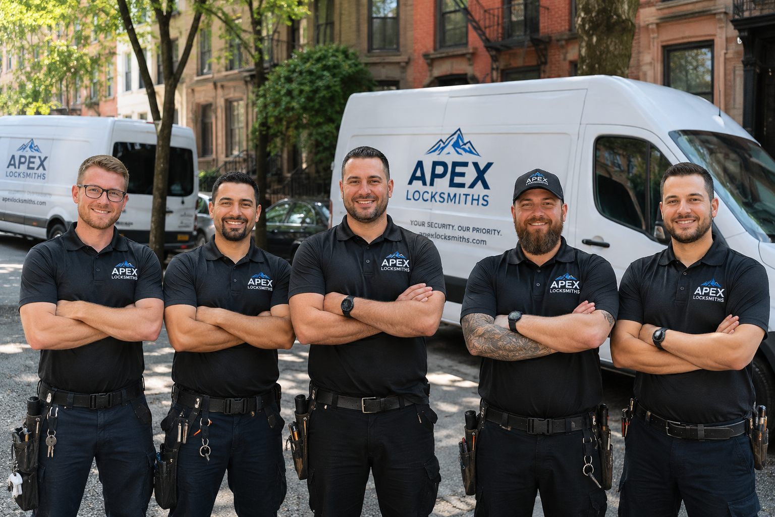 The Apex Locksmiths team standing in front of their branded service vans